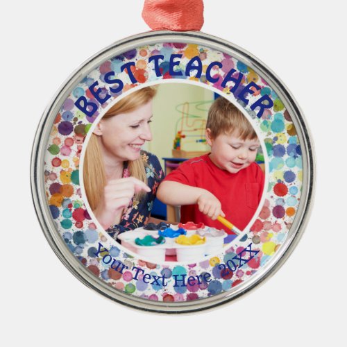 BEST TEACHER Multi_Color Watercolor Splatter Dots Metal Ornament