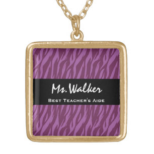 Best TEACHER'S AIDE Purple and Black Zebra Gift Gold Plated Necklace