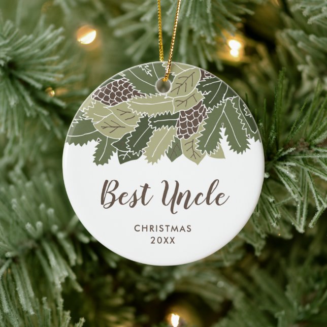 Best Uncle Ever Personalized Pinecones Greenery Ceramic Ornament (Tree)