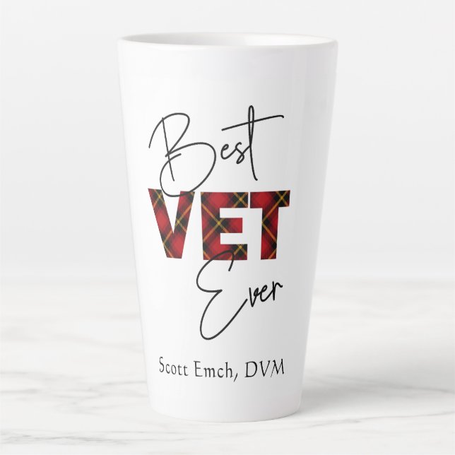 Best Vet Ever Script Plaid Block Text Personalized Latte Mug (Front)