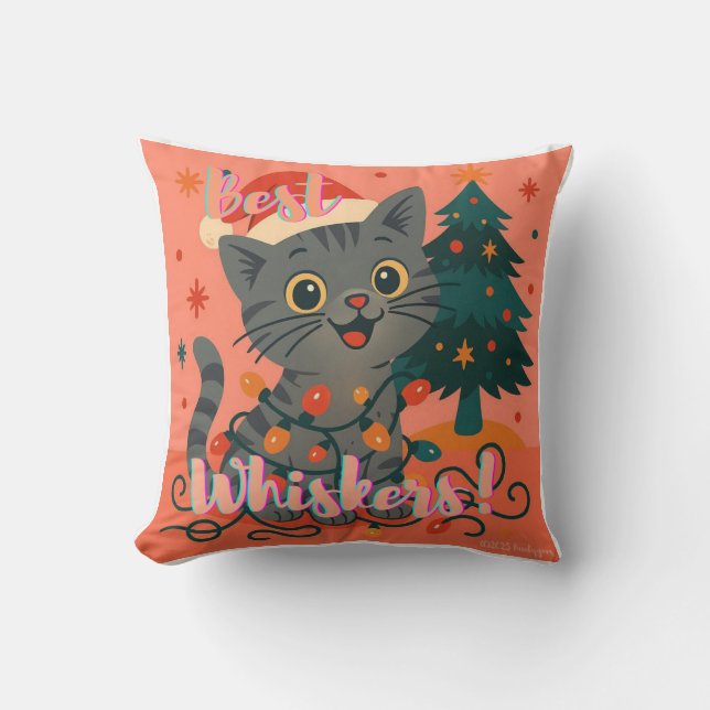 Best Whiskers! Funny Santa Cat Throw Pillow (Front)