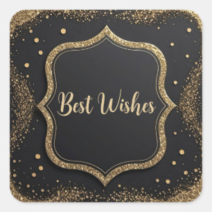 Best Wishes Golden Black Glitter Square Sticker