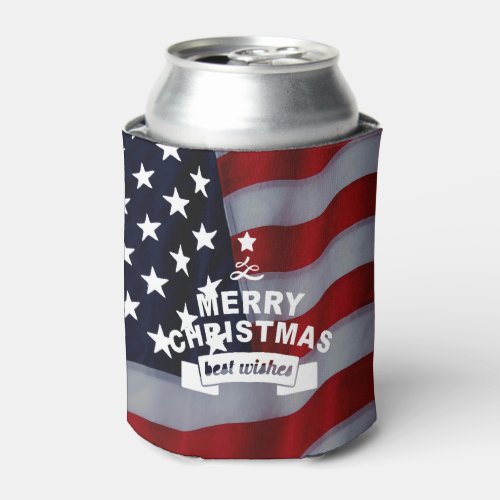 Best Wishes Merry Christmas United States Flag Art Can Cooler