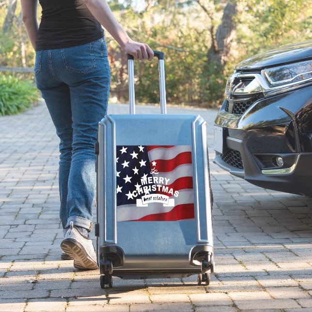 Best Wishes Merry Christmas United States Flag Art Sticker (Suitcase Insitu)