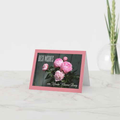 Best wishes name day card pink peonies on blue