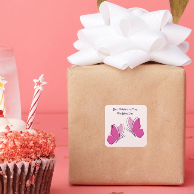 Best Wishes on Your Wedding - 2 Pink Butterflies Square Sticker (Party)
