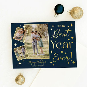 Best Year Ever! 3 Family Photo Scrapbook Collage Foil Holiday Card