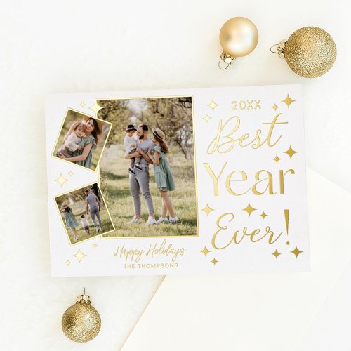 Best Year Ever 3 Family Photo Scrapbook Collage Foil Holiday Card