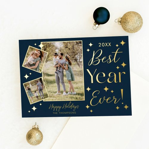 Best Year Ever 3 Family Photo Scrapbook Collage Foil Holiday Card