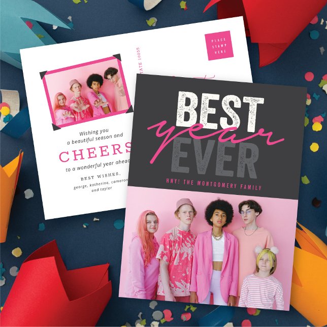 Best Year Ever Handwriting Script Modern Photo Holiday Postcard (Fuchsia Hot Pink Best Year Ever Handwriting Script Modern Photo Holiday Postcard @ fat_fa_tin)