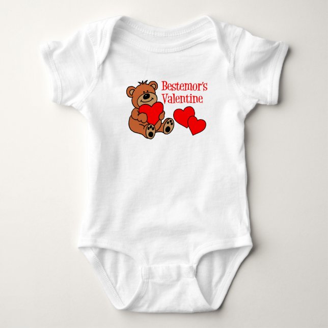Bestemor's Valentine Cartoon Bear And Hearts Baby Bodysuit (Front)