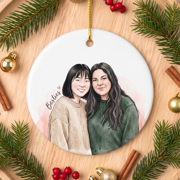 Besteroo Sweet Watercolor Best Friends Portrait Ceramic Ornament