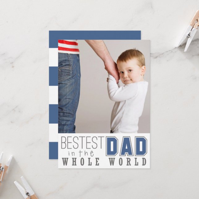 Bestest Dad Father's Day Flat Photo Card / Blue (Front/Back In Situ)