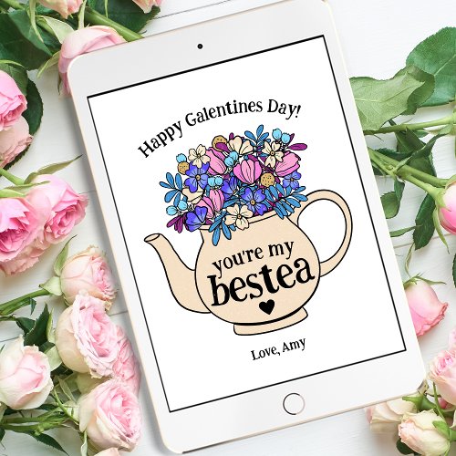 Bestie Floral Teapot Galentines Day Valentine Holiday Card
