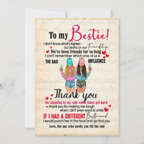 Bestie Gifts  Letter To My Bestie Thank You Holiday Card