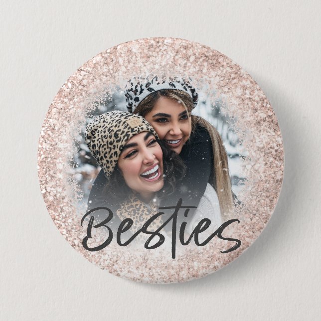 Bestie Rose Gold Glitter Photo Template Button (Front)