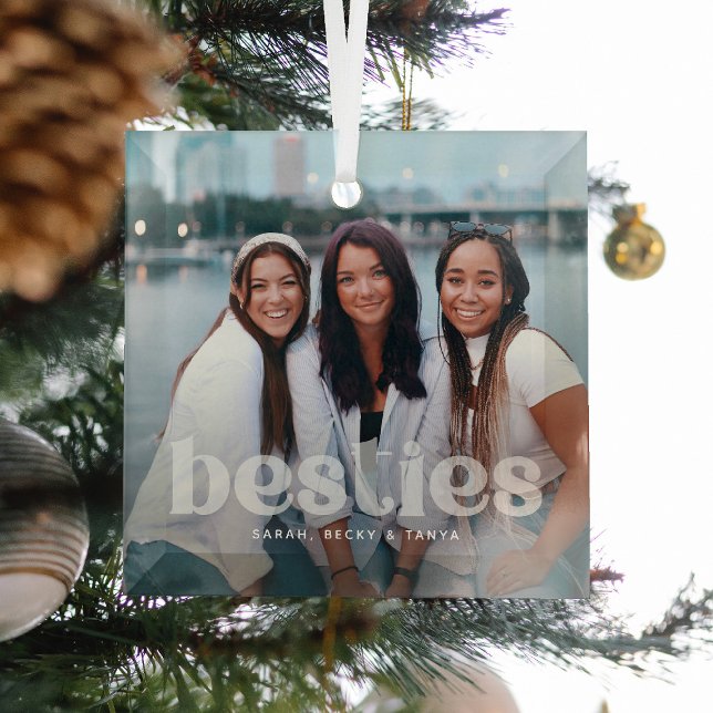 Bestie Trendy Typography Photo Keepsake  Glass Ornament (Creator Uploaded)