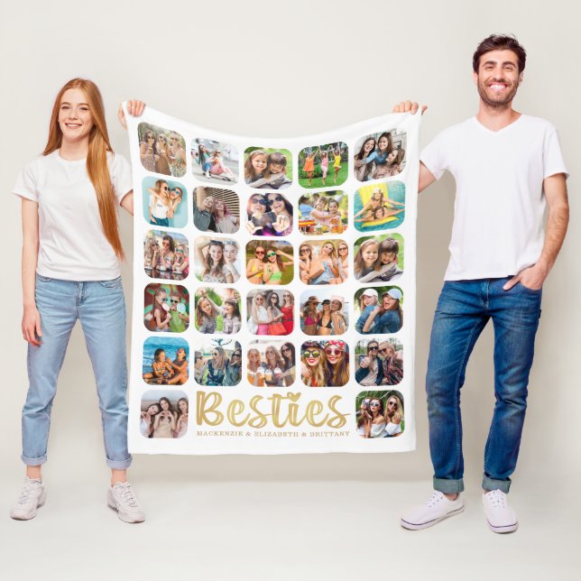 BESTIES 27 Photo Collage Personalized White Gold Fleece Blanket (In Situ)