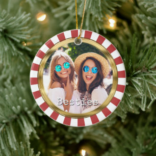 Besties 2 Photo Round with Red Stripes Ceramic Ornament