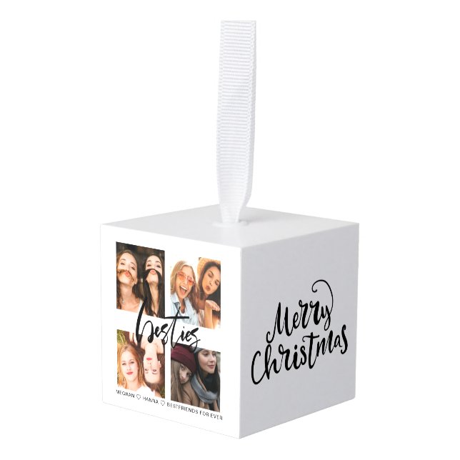 Besties 4 photo best friend merry christmas cube ornament (Front Angled)