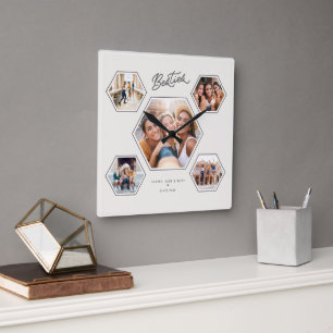 Besties 5 Photo Custom Collage Script Keepsake Square Wall Clock