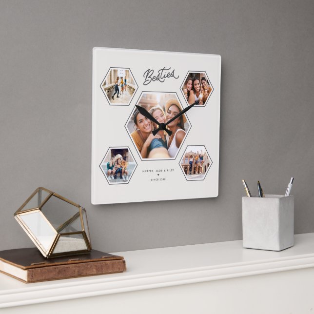 Besties 5 Photo Custom Collage Script Keepsake Square Wall Clock (Office)