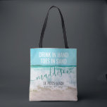 Besties Beach Trip Personalized Destination Tote Bag<br><div class="desc">Custom Printed Personalized Girls Beach Trip Vacation Tote Bag with "Drink in Hand,  Toes in Sand" editable quote,  name,  your destination,  and trip information with a sandy beach waves background image.</div>