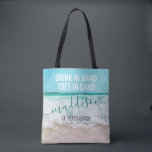 Besties Beach Trip Personalized Destination Tote Bag<br><div class="desc">Custom Printed Personalized Girls Beach Trip Vacation Tote Bag with "Drink in Hand,  Toes in Sand" editable quote,  name,  your destination,  and trip information with a sandy beach waves background image.</div>