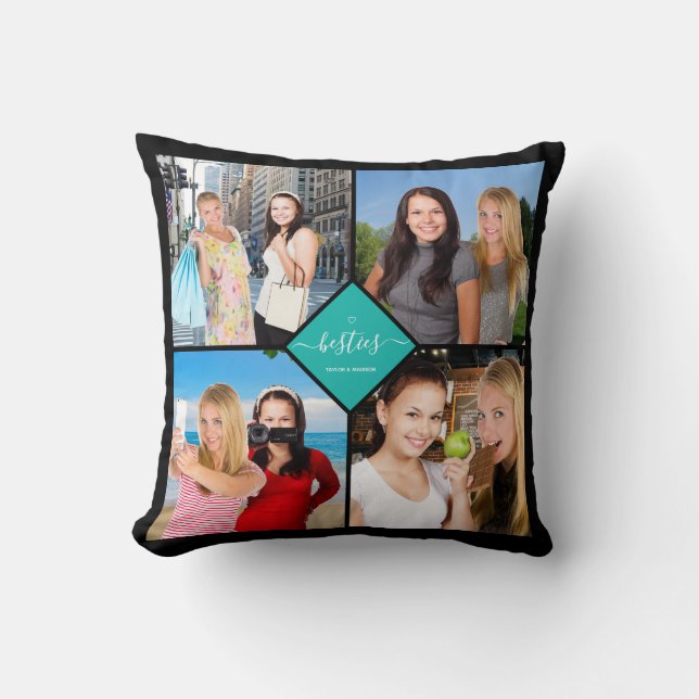 Besties Best Friends 4 Photo Collage Fun Teal Name Throw Pillow (Front)