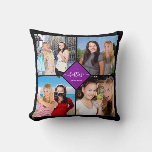 Besties Best Friends 4 Photo Collage Purple Names Throw Pillow