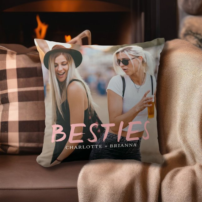 Besties Best Friends Brush Script Photo Throw Pillow (Creator Uploaded)
