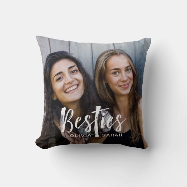 Besties | Best Friends Two Photos and Modern Text Throw Pillow (Front)