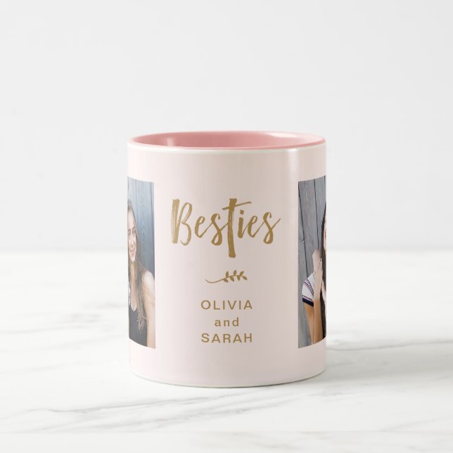 Besties | Best Friends Two Photos and Modern Text Two-Tone Coffee Mug (Center)
