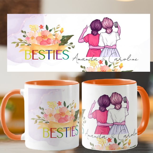 Besties BFF Cute Illustration Floral Best Friends  Mug (Besties BFF Cute Illustration Floral Best Friends Mug)