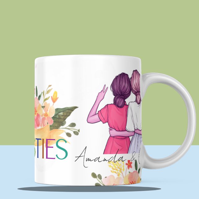 Besties BFF Cute Illustration Floral Best Friends  Mug (Besties BFF Cute Illustration Floral Best Friends Mug)