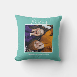 Besties BFF Photo Best Friend Name Teal Throw Pillow