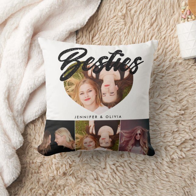 Besties | Black and White | Photo Collage Throw Pillow (Blanket)