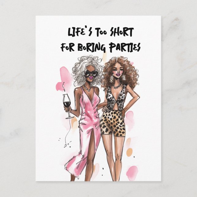 Besties black girls leopard and pink outfit party postcard (Front)