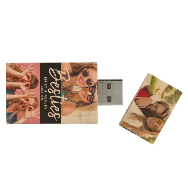 Besties Custom Photo BFF Friends Modern Lilac Fun Wood Flash Drive (Opened)