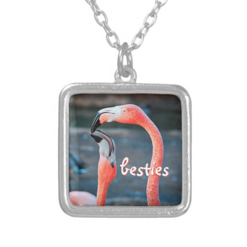 Besties Cute Chic Fun Pink Flamingo Friends Photo Silver Plated Necklace