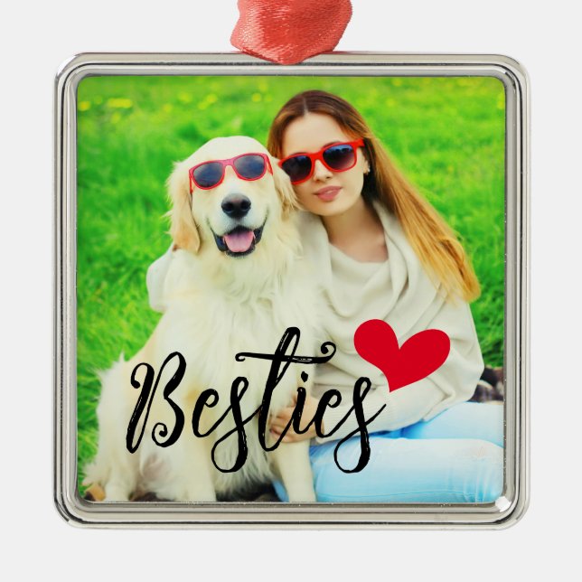 Besties Cute Dog Mom Red Heart Photo Metal Ornament (Front)