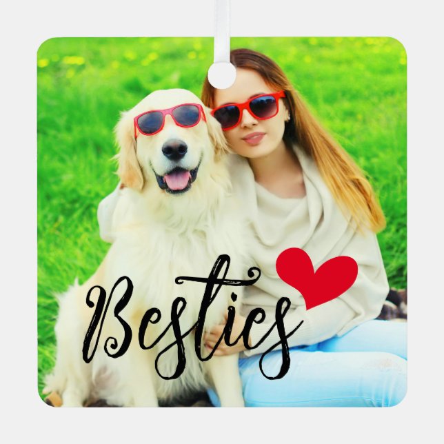 Besties Cute Dog Mom Red Heart Photo Metal Ornament (Front)