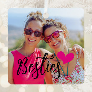 Besties Cute Hot Pink Heart Photo Metal Ornament