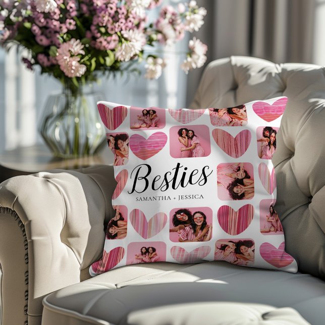Besties Cute Pink Hearts & Photo Collage Pattern  Throw Pillow (Creator Uploaded)