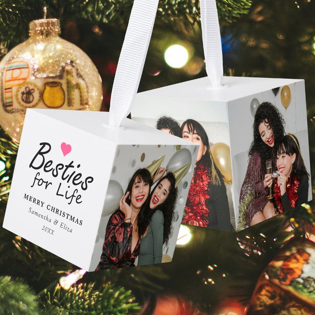 Besties for Life Merry Christmas Friends 3 Photo Cube Ornament (Creator Uploaded)