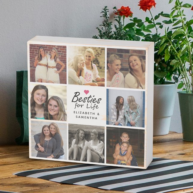 Besties For Life Script Best Friends Photo Collage Wooden Box Sign (Creator Uploaded)