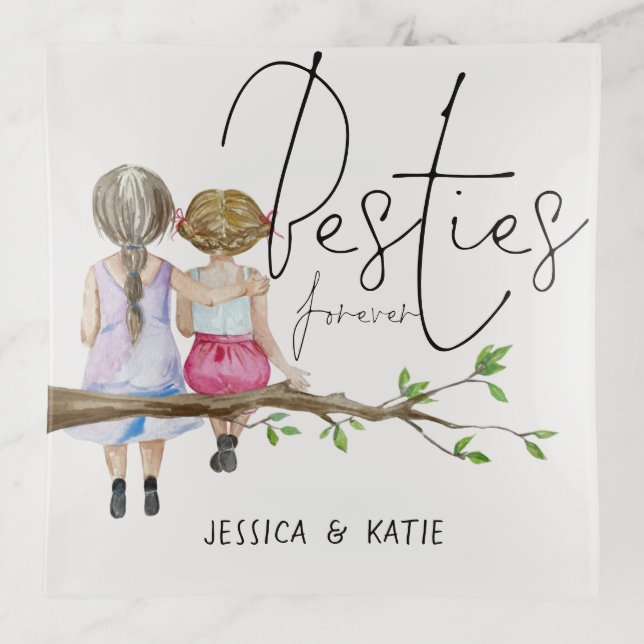 Besties Forever Girls Illustration names Script Trinket Tray (Front)