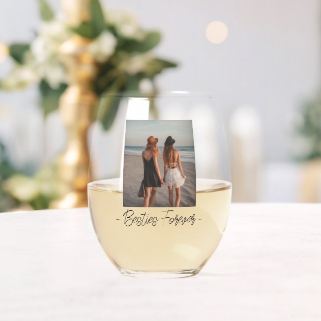 Besties Forever One Photo Stemless Wine Glass (Insitu (Wedding))
