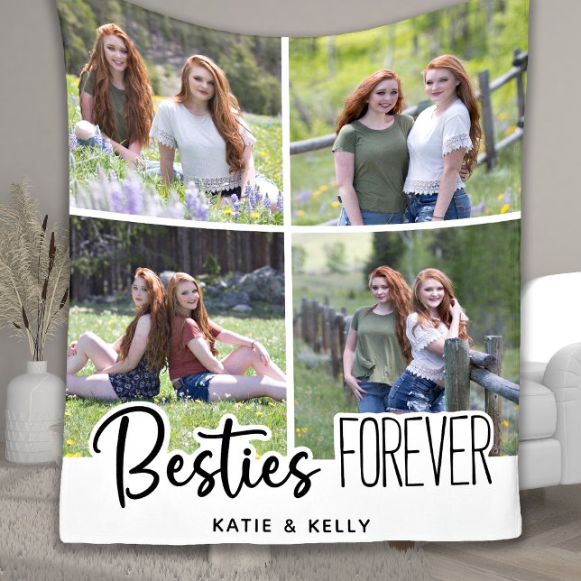 Besties Friends Forever Customized 4 Photo Collage Fleece Blanket (Creator Uploaded)