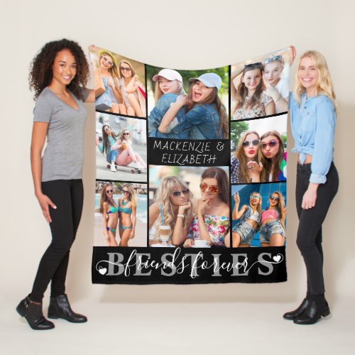 BESTIES Friends Forever Script 8 Photo Black Fleece Blanket